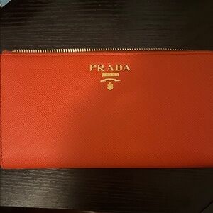 Prada Scarlet Wallet with Gold Zipper